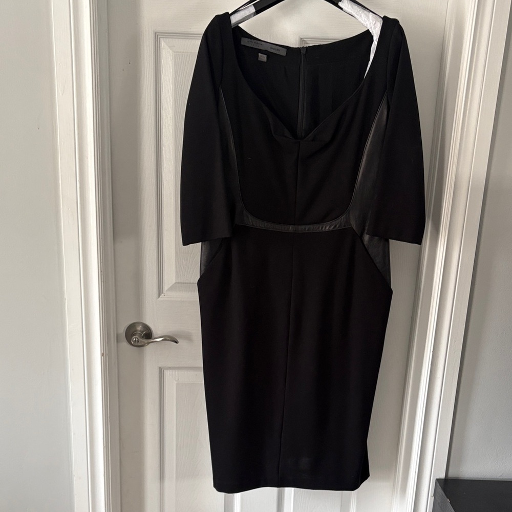 Greta Constantine Black Midi body Con Sheath Dress with Leather Detail